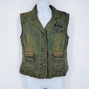 Playboy‎ Distressed Patina Stretch Denim Button Up Vest Size Medium
